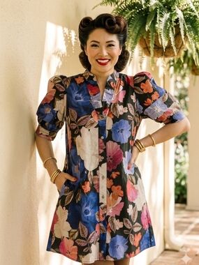 entro Black Floral Button-Front Mini Dress with Multicolor Blooms